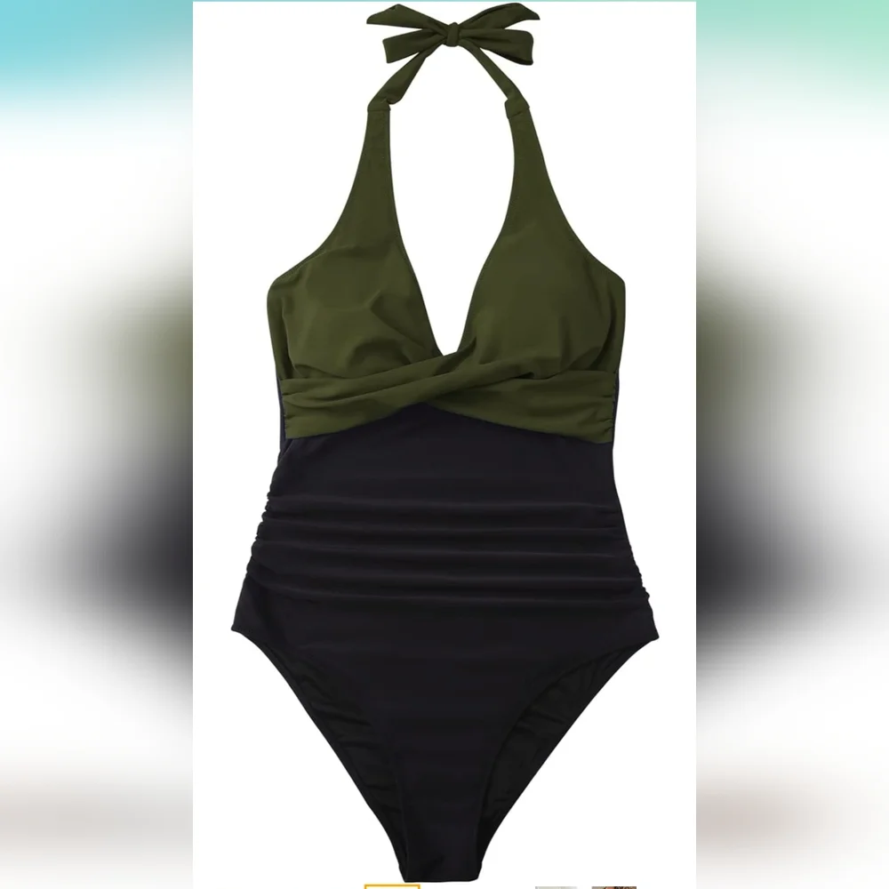 SUUKSESS Ruched Tummy Control Halter Top Swimsuit
